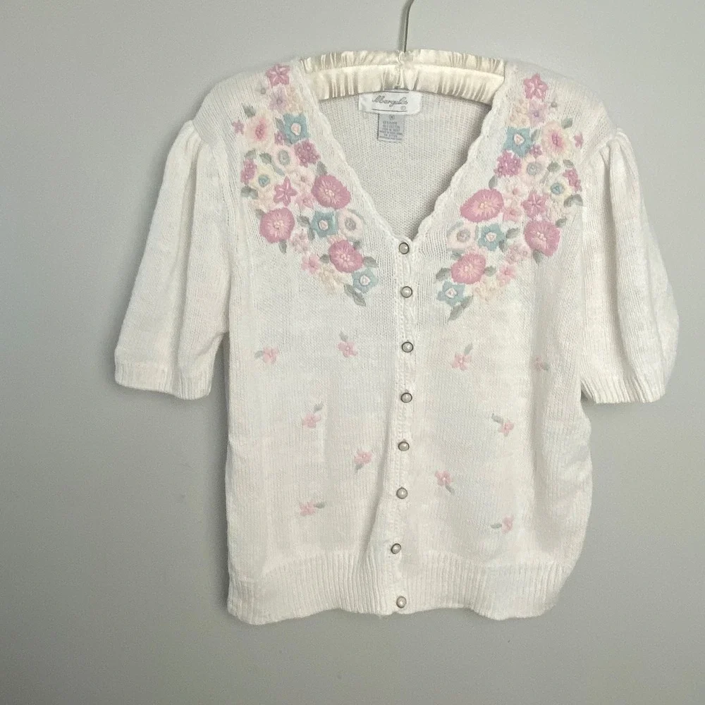 90's‎ Embroidered Floral Knit Cardigan Womens Medium Puff Sleeve Cottagecore - Picture 4 of 8